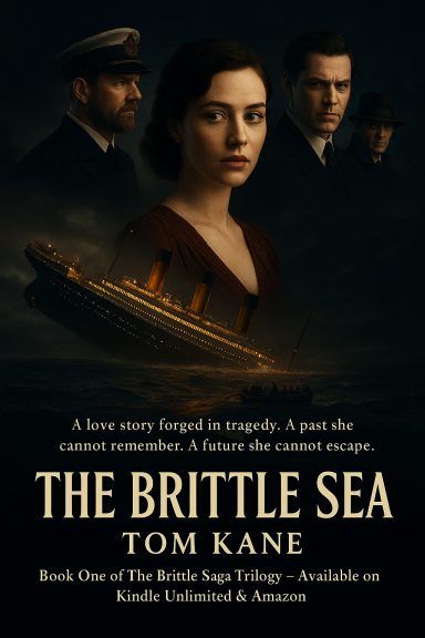 Book cover for "The Brittle Sea" by Tom Kane, featuring a woman and two men near a ship.