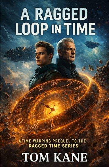 Book cover featuring two men in futuristic attire against a cosmic backdrop with a time loop graphic.