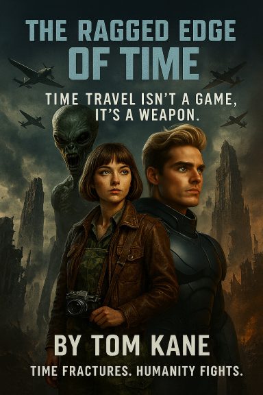 A sci-fi book cover featuring a woman and a man amidst a dystopian backdrop and aircraft.